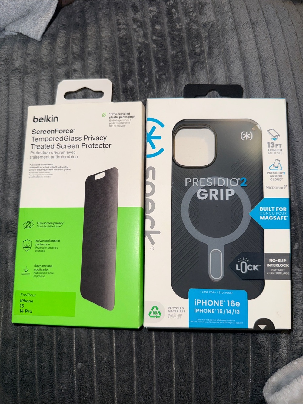 Speck iPhone 15/14/13 Grey Case & Elkin Glass Screen Protector